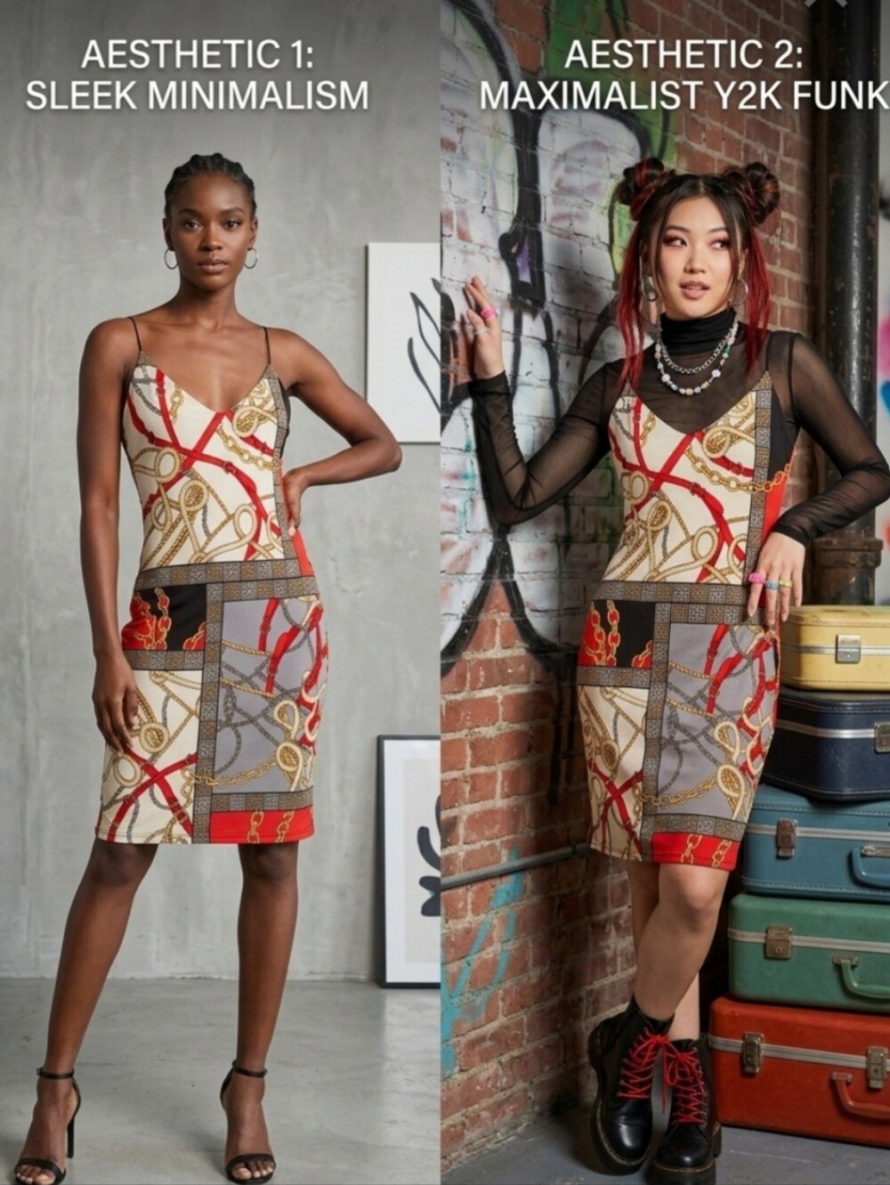 Y2K Vintage Red Chain Print Spaghetti Strap Bodycon Club Dress Seduction LG